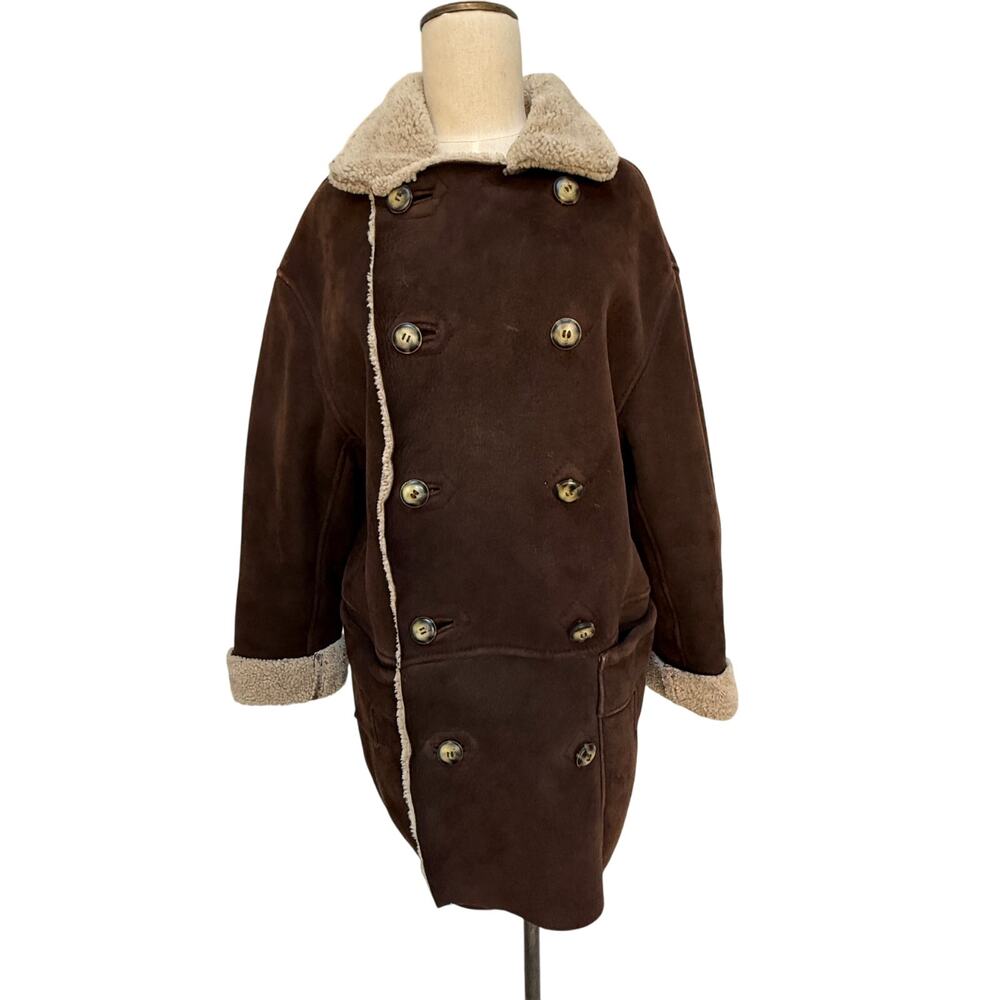 Vintage Chocolate Brown Double-Breasted Genuine Shearling Coat Reversible